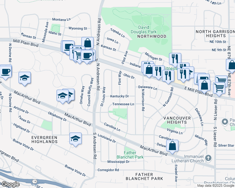 map of restaurants, bars, coffee shops, grocery stores, and more near 408 Flint Way in Vancouver