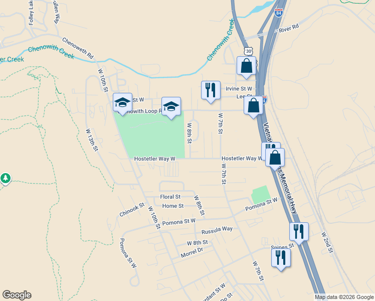 map of restaurants, bars, coffee shops, grocery stores, and more near 3424 West 8th Street in The Dalles