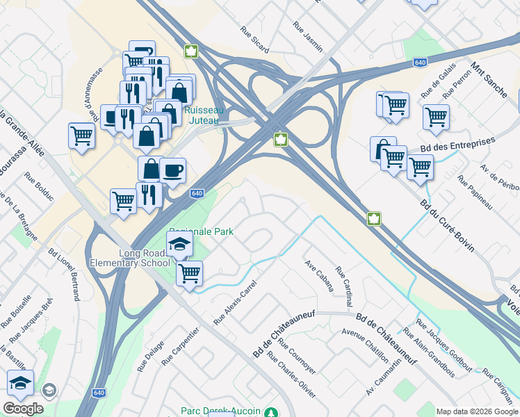 map of restaurants, bars, coffee shops, grocery stores, and more near 1601 Impasse Anderson in Boisbriand