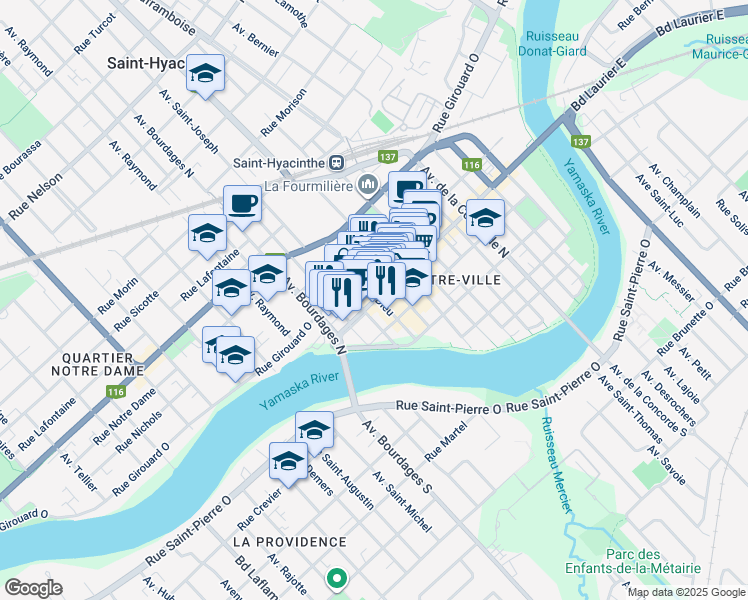 map of restaurants, bars, coffee shops, grocery stores, and more near 1812 Rue Des Cascades O in Saint-Hyacinthe