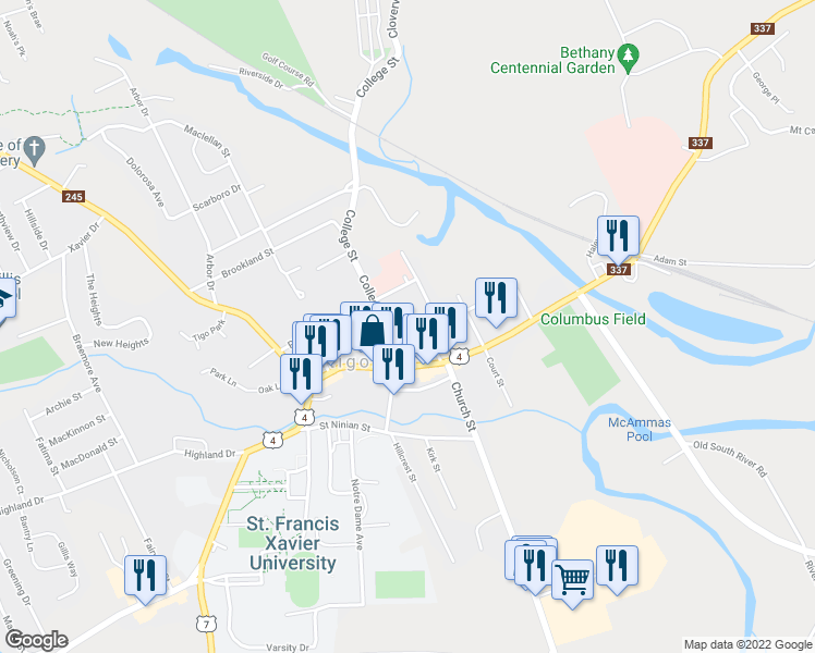 map of restaurants, bars, coffee shops, grocery stores, and more near 104 Saint Marys Street in Antigonish