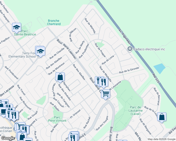 map of restaurants, bars, coffee shops, grocery stores, and more near 2995 Boulevard René-Laennec in Laval