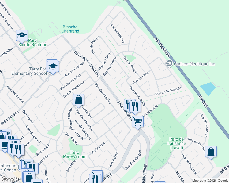 map of restaurants, bars, coffee shops, grocery stores, and more near 2995 Boulevard René-Laennec in Laval