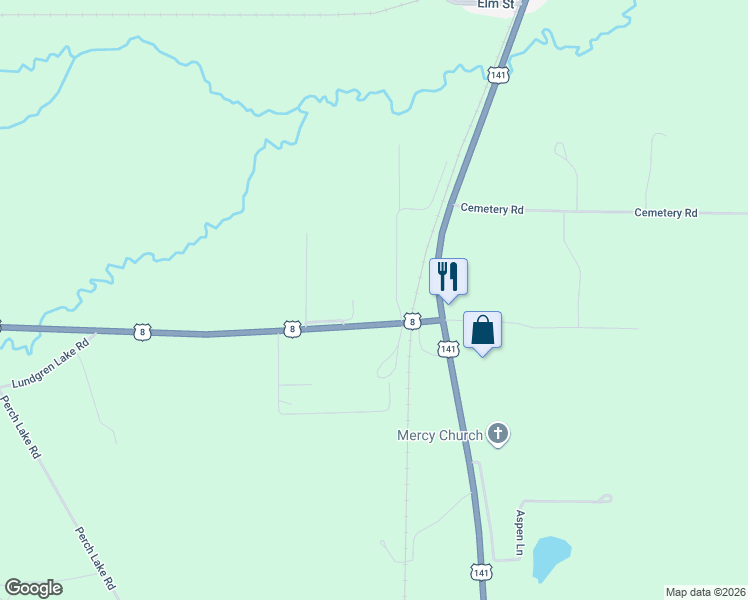 map of restaurants, bars, coffee shops, grocery stores, and more near W8136 U.S. 8 in Pembine