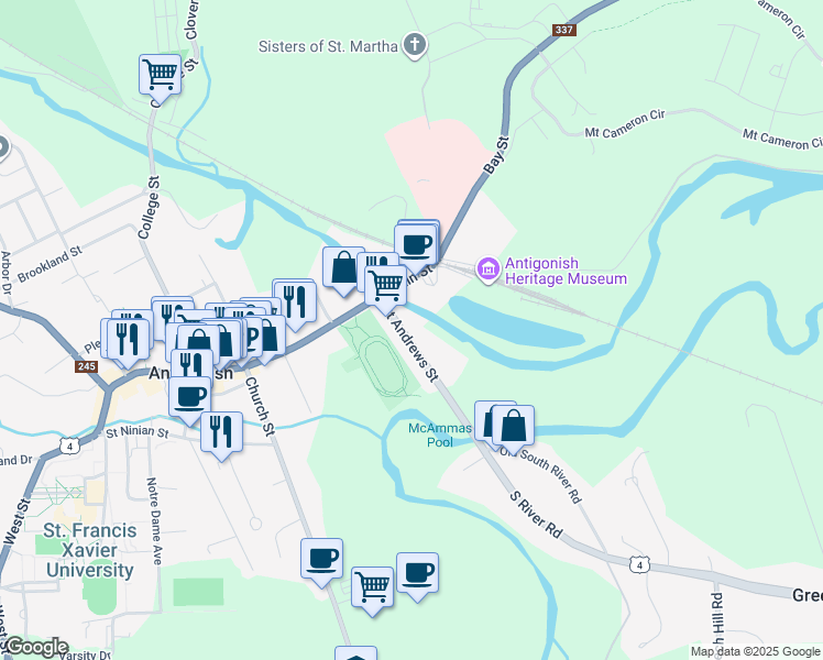 map of restaurants, bars, coffee shops, grocery stores, and more near 29 Saint Andrews Street in Antigonish