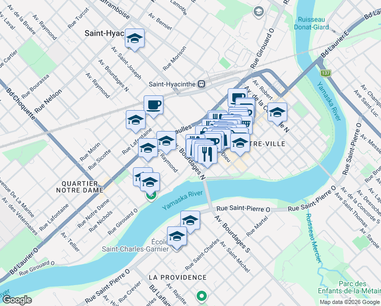 map of restaurants, bars, coffee shops, grocery stores, and more near 2050 Rue Girouard Ouest in Saint-Hyacinthe