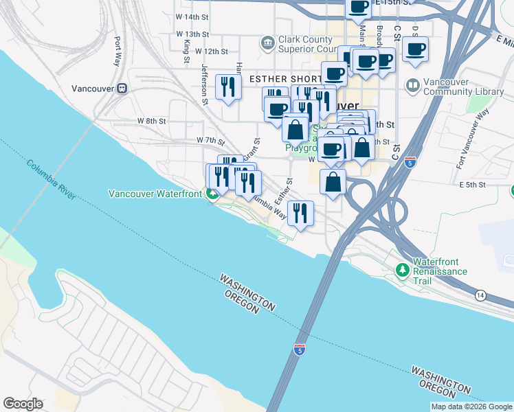 map of restaurants, bars, coffee shops, grocery stores, and more near 590 Waterfront Way in Vancouver