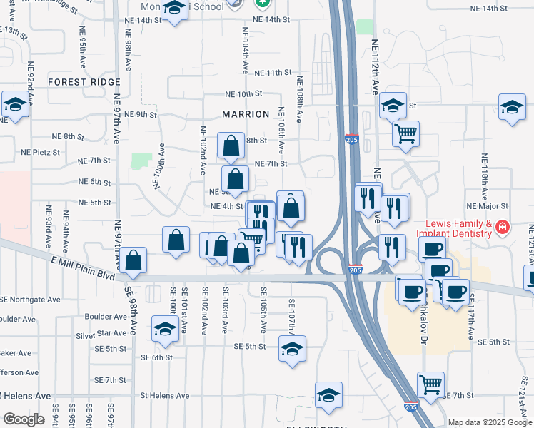 map of restaurants, bars, coffee shops, grocery stores, and more near 421 Northeast 104th Avenue in Vancouver