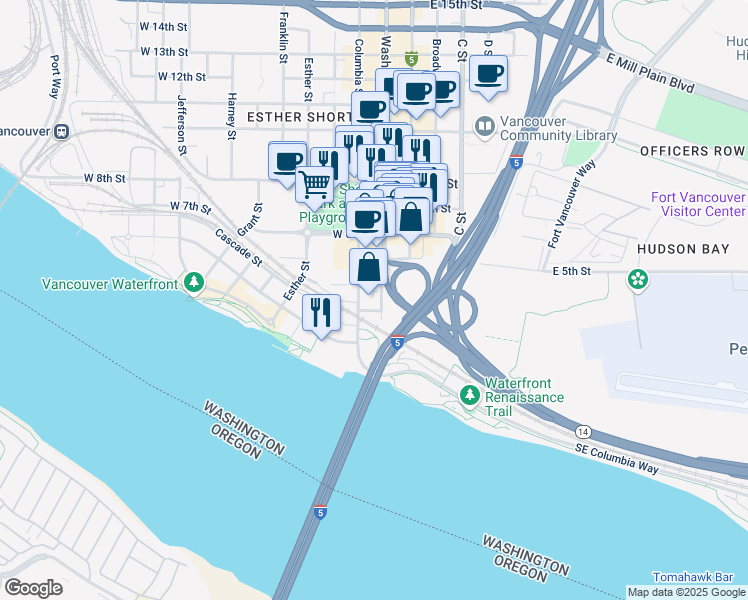 map of restaurants, bars, coffee shops, grocery stores, and more near 300 Washington Street in Vancouver