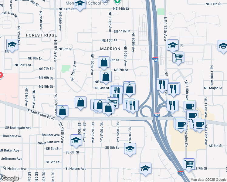 map of restaurants, bars, coffee shops, grocery stores, and more near 301 Northeast 104th Avenue in Vancouver