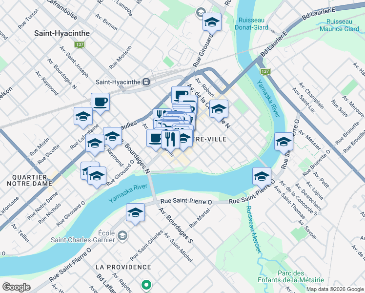 map of restaurants, bars, coffee shops, grocery stores, and more near 1665 Allée du Marché in Saint-Hyacinthe