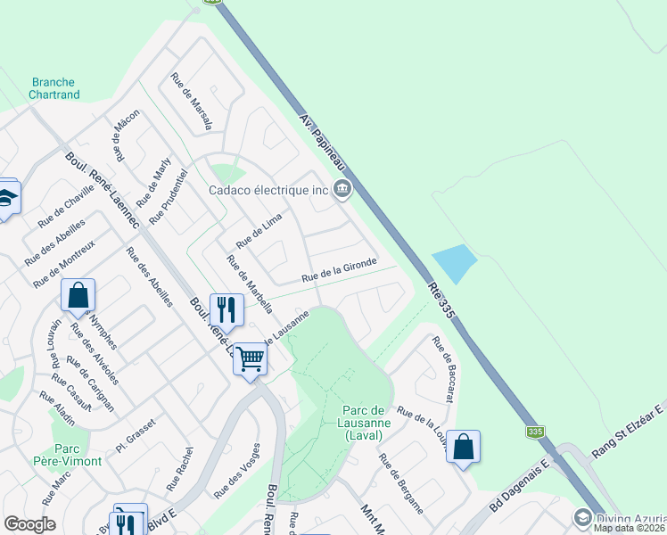map of restaurants, bars, coffee shops, grocery stores, and more near 2124 Rue de la Gironde in Laval