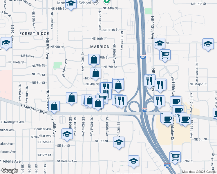 map of restaurants, bars, coffee shops, grocery stores, and more near 421 Northeast 104th Avenue in Vancouver