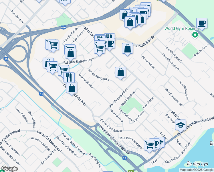 map of restaurants, bars, coffee shops, grocery stores, and more near 884 Place Alfred Pellan in Boisbriand