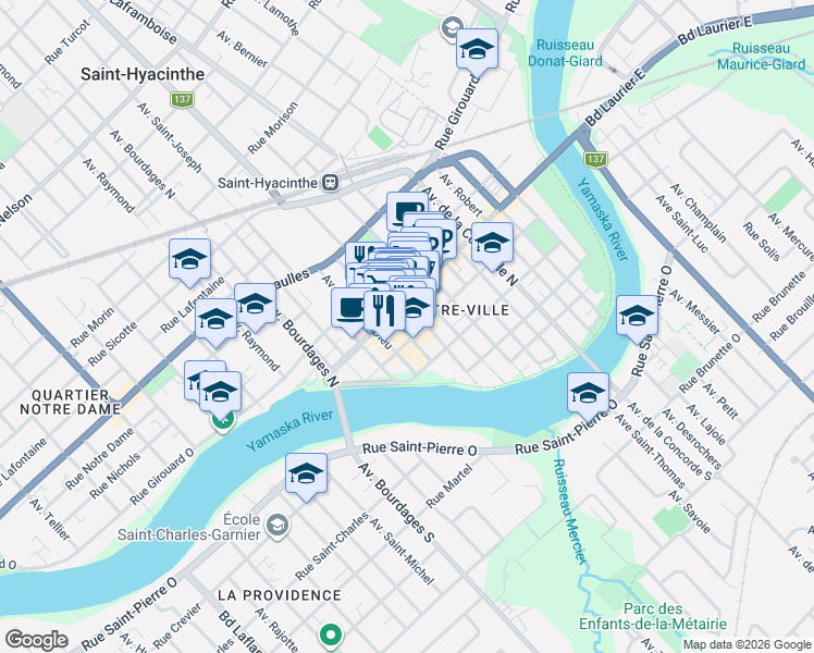 map of restaurants, bars, coffee shops, grocery stores, and more near 1665 Allée du Marché in Saint-Hyacinthe