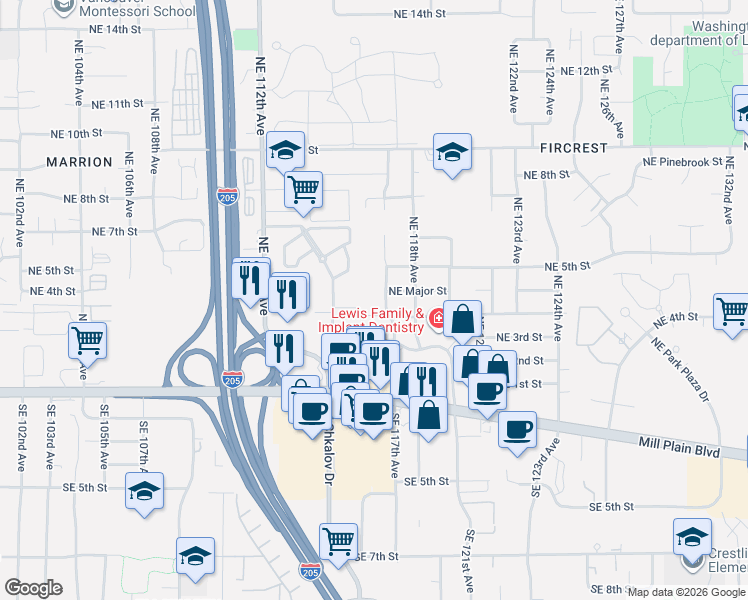 map of restaurants, bars, coffee shops, grocery stores, and more near 404 Northeast 117th Avenue in Vancouver