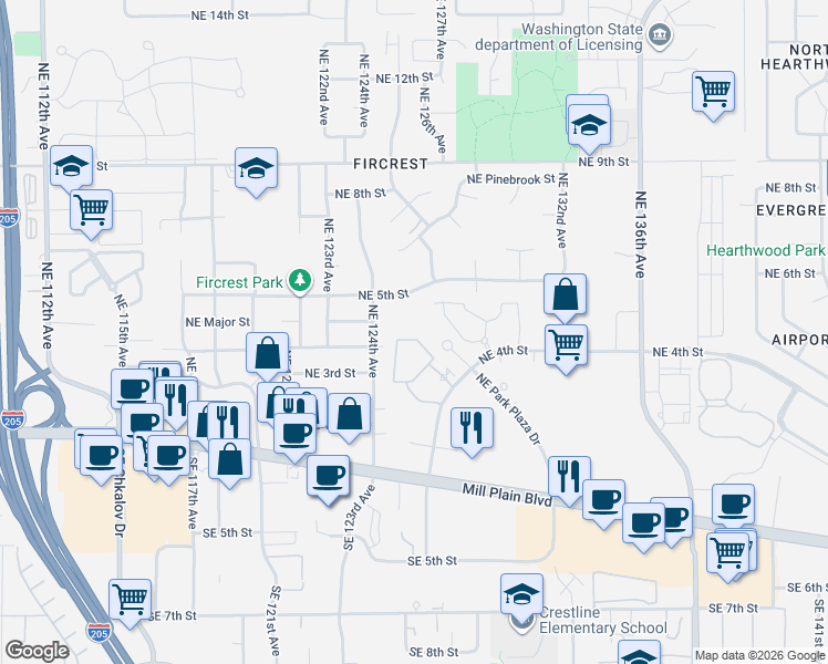 map of restaurants, bars, coffee shops, grocery stores, and more near 206 Northeast 126th Avenue in Vancouver