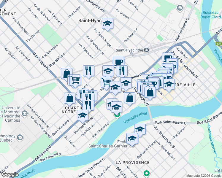 map of restaurants, bars, coffee shops, grocery stores, and more near 2362 Rue Dessaulles in Saint-Hyacinthe