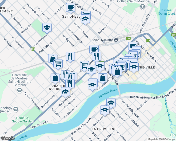 map of restaurants, bars, coffee shops, grocery stores, and more near 2379 Rue Dessaulles in Saint-Hyacinthe