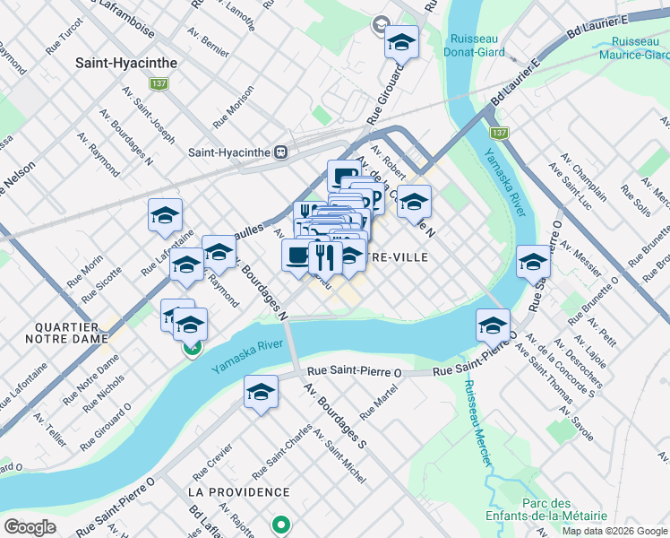 map of restaurants, bars, coffee shops, grocery stores, and more near 483 Avenue Sainte-Anne in Saint-Hyacinthe