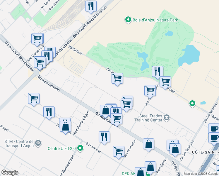map of restaurants, bars, coffee shops, grocery stores, and more near 9055 Impasse de l'Invention in Montréal