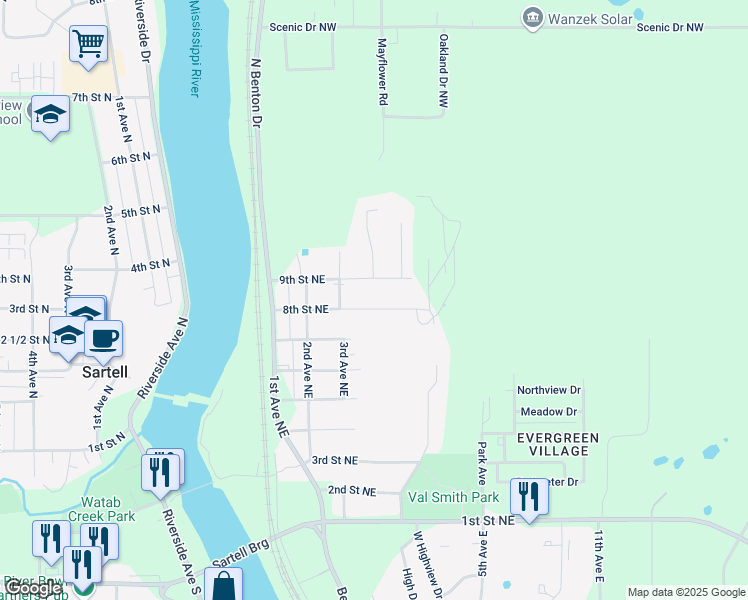 map of restaurants, bars, coffee shops, grocery stores, and more near 307 8th Street Northeast in Sartell