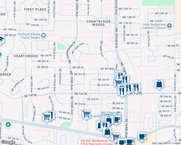 map of restaurants, bars, coffee shops, grocery stores, and more near 15713 Northeast 4th Circle in Vancouver