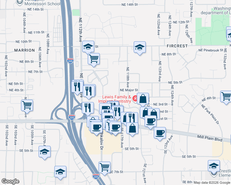map of restaurants, bars, coffee shops, grocery stores, and more near 404 Northeast 117th Avenue in Vancouver