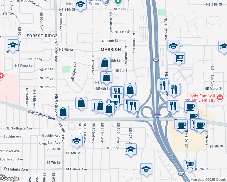 map of restaurants, bars, coffee shops, grocery stores, and more near 421 Northeast 104th Avenue in Vancouver