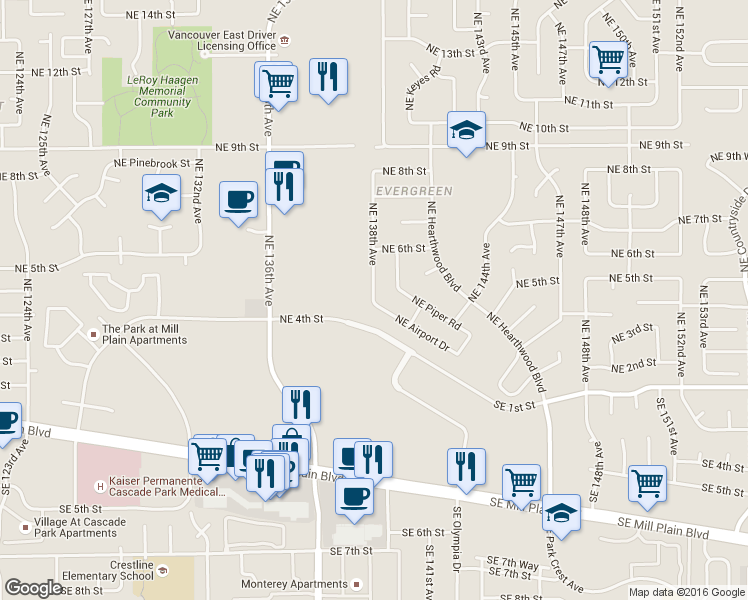 map of restaurants, bars, coffee shops, grocery stores, and more near 307 Northeast 138th Avenue in Vancouver