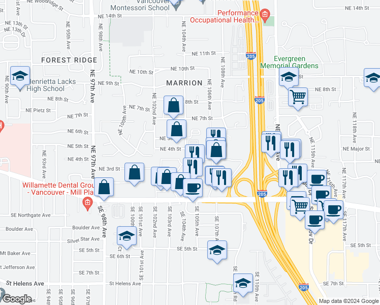 map of restaurants, bars, coffee shops, grocery stores, and more near 405 Northeast 104th Avenue in Vancouver