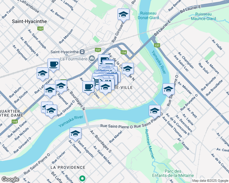 map of restaurants, bars, coffee shops, grocery stores, and more near 391 Avenue Saint-Simon in Saint-Hyacinthe