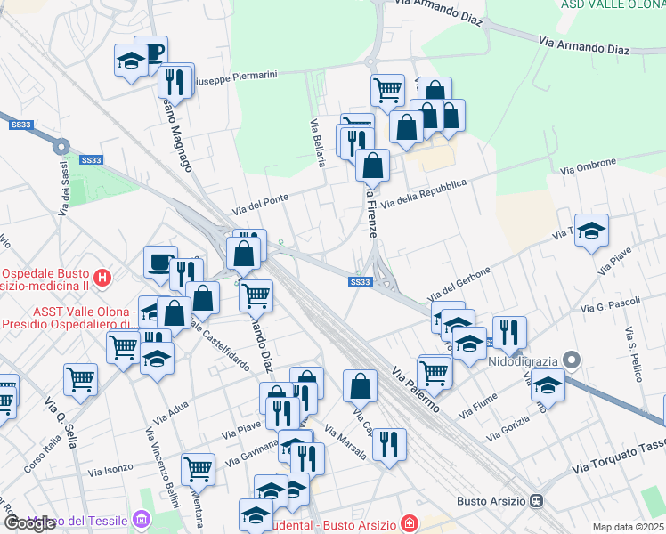 map of restaurants, bars, coffee shops, grocery stores, and more near 68 Strada Statale 33 in Busto Arsizio