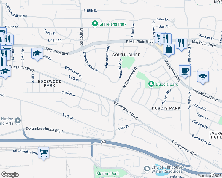 map of restaurants, bars, coffee shops, grocery stores, and more near 500 Rhododendron Drive in Vancouver