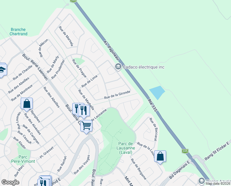 map of restaurants, bars, coffee shops, grocery stores, and more near 2124 Rue de la Gironde in Laval