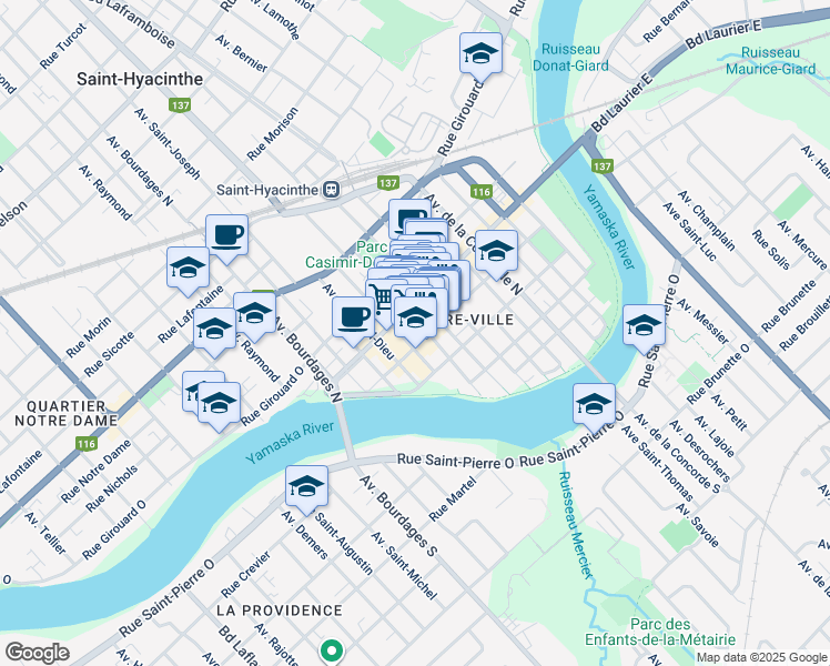map of restaurants, bars, coffee shops, grocery stores, and more near 391 Avenue Saint-Simon in Saint-Hyacinthe