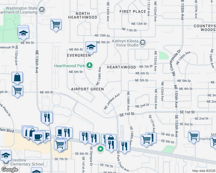 map of restaurants, bars, coffee shops, grocery stores, and more near 14409 Northeast Ponderosa Pine Avenue in Vancouver