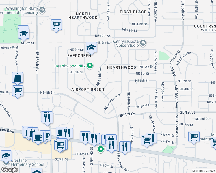 map of restaurants, bars, coffee shops, grocery stores, and more near 14409 Northeast Ponderosa Pine Avenue in Vancouver