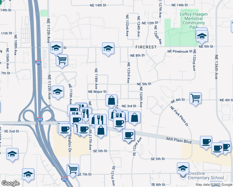 map of restaurants, bars, coffee shops, grocery stores, and more near 12101 Northeast Suncrest Court in Vancouver