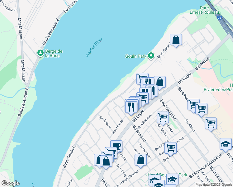 map of restaurants, bars, coffee shops, grocery stores, and more near 6315 Boulevard Gouin Est in Montréal