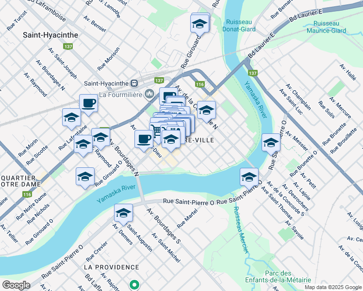 map of restaurants, bars, coffee shops, grocery stores, and more near 391 Avenue Saint-Simon in Saint-Hyacinthe