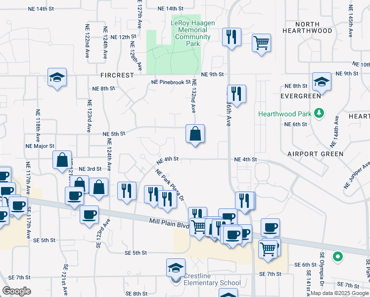 map of restaurants, bars, coffee shops, grocery stores, and more near 13102 Northeast 4th Street in Vancouver