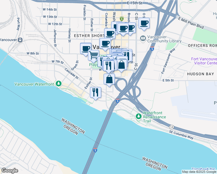 map of restaurants, bars, coffee shops, grocery stores, and more near 300 Washington Street in Vancouver