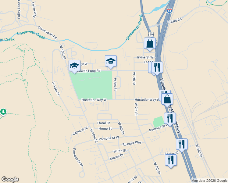 map of restaurants, bars, coffee shops, grocery stores, and more near 3424 West 8th Street in The Dalles
