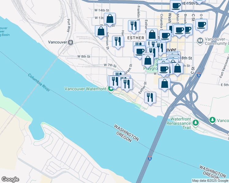 map of restaurants, bars, coffee shops, grocery stores, and more near 777 Waterfront Way in Vancouver