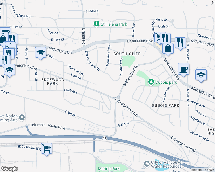 map of restaurants, bars, coffee shops, grocery stores, and more near 500 Rhododendron Drive in Vancouver