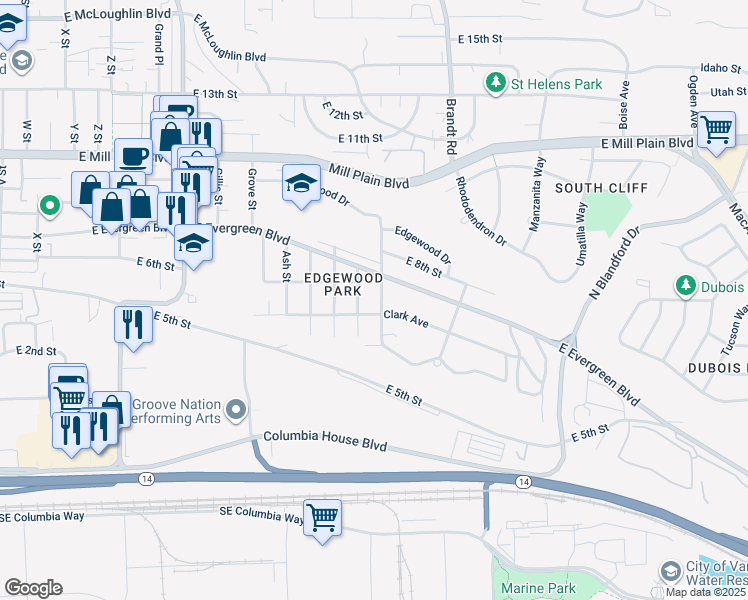 map of restaurants, bars, coffee shops, grocery stores, and more near 410 Edwards Lane in Vancouver