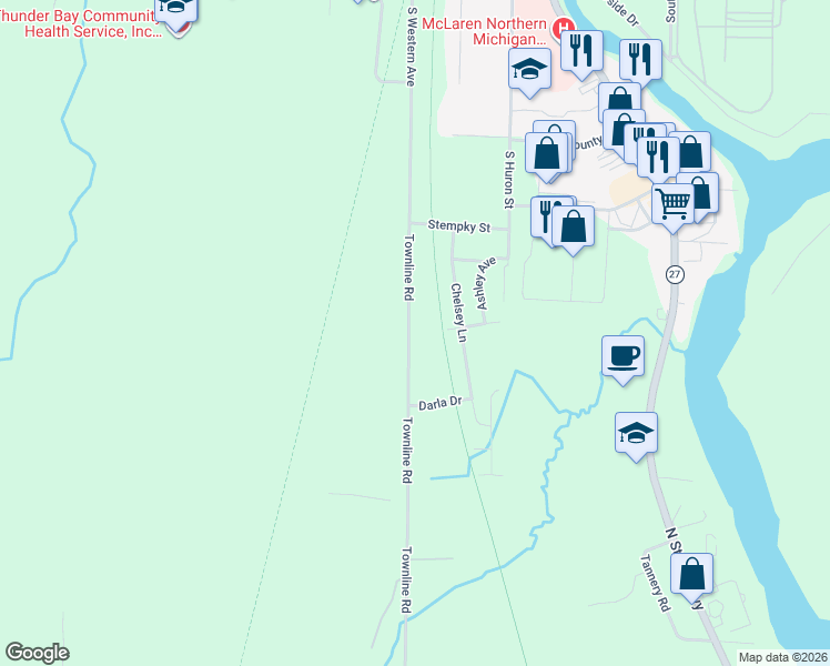 map of restaurants, bars, coffee shops, grocery stores, and more near 64 Chelsey Lane in Cheboygan