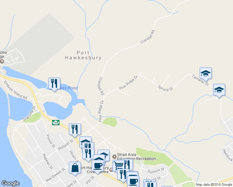 map of restaurants, bars, coffee shops, grocery stores, and more near 30 Pine Ridge Drive in Port Hawkesbury