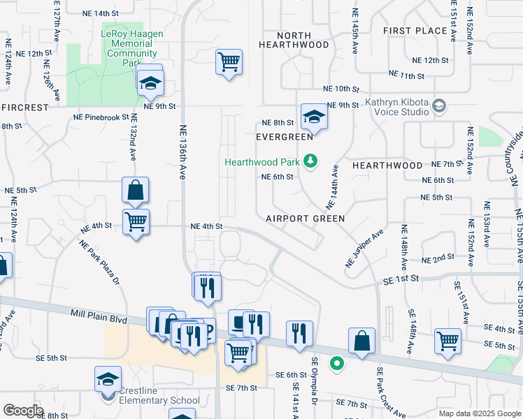 map of restaurants, bars, coffee shops, grocery stores, and more near 406 Northeast 138th Avenue in Vancouver